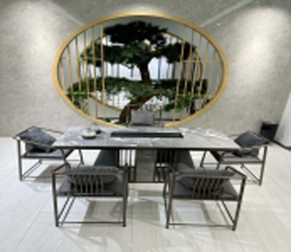Modern Sintered Stone Top Gongfu Tea Table Set with 4 Metal Frame Chairs