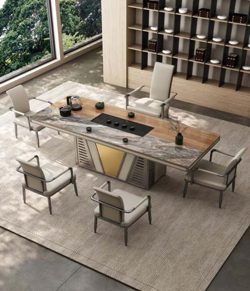 Modern Light Luxury 6-Seat Solid Wood and Stone Tea Ceremony Table with Integrated Brewing Panel