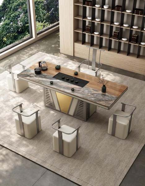 Light Luxury Sintered Stone & Wood Integrated Office Tea Desk with Embedded Boiler (5-Seat Set)