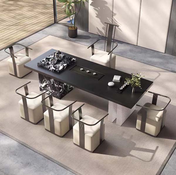 Modern Luxury Rectangular Stone Top Tea Ceremony Dining Table with Integrated Tea Tray