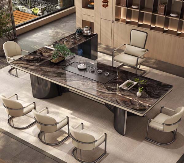 Luxury Dark Natural Stone Top 6-Seat Tea Ceremony Meeting Table with Integrated Tea Tray
