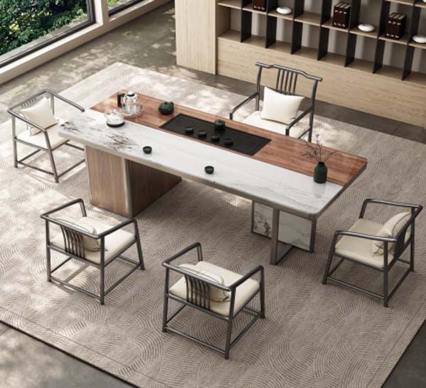 6-Person New Chinese Style Split Sintered Stone & Solid Wood Tea Table with Integrated Recessed Draining Tea Tray