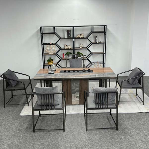 Modern New Chinese Style Kung Fu Tea Dining Table Set with 5 Armchairs and Hexagonal Lattice Display Etagere