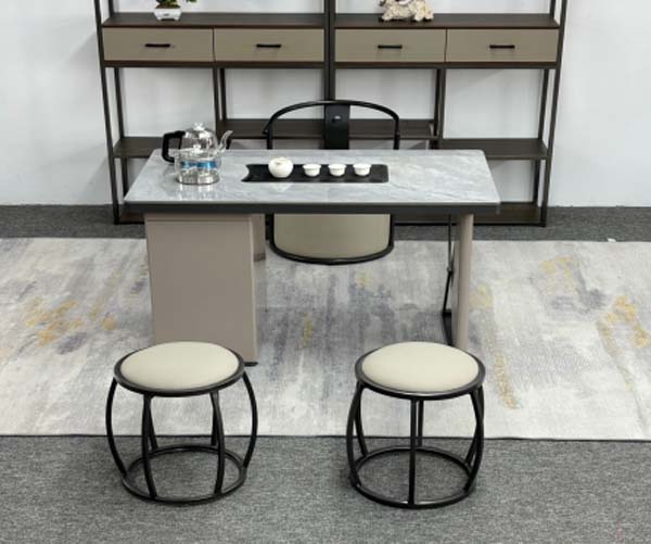 Light Grey Sintered Stone Gongfu Tea Desk with Integrated Storage Pedestal