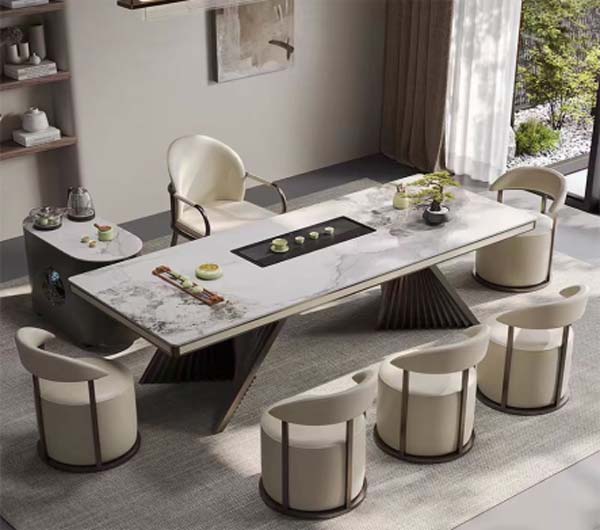 Modern Light Luxury Integrated Gongfu Tea Ceremony Dining Table Set with 6 Upholstered Barrel Chairs and Side Tea Station