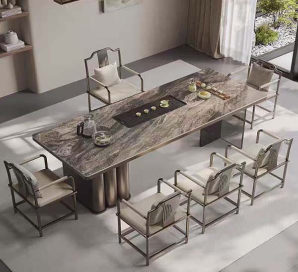 6-Seat Rectangular Natural Veined Marble Dining Tea Table with Asymmetrical Bronze Metal Bases