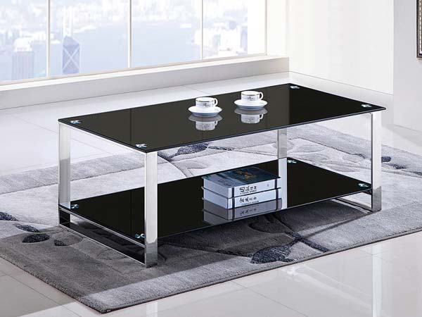 Double-Tier Black Glass Rectangular Coffee Table with Polished Stainless Steel Legs