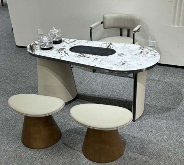 Modern Racetrack-Top Tea Table Set with Upholstered Stools