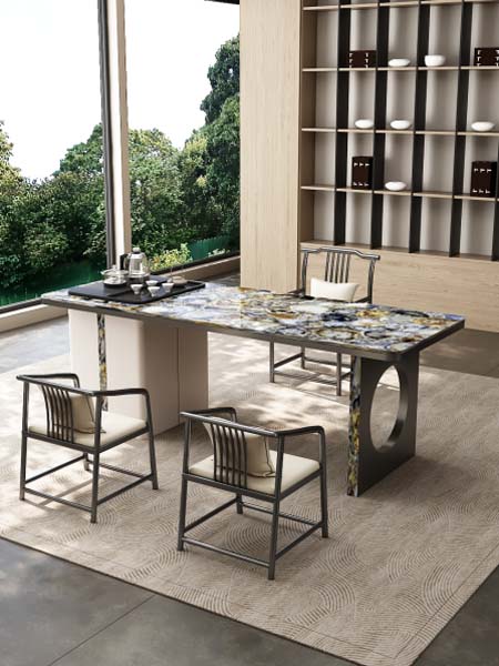 Light Luxury New Chinese Style Sintered Stone Double Pedestal Tea Dining Table
