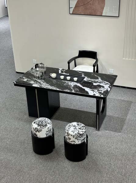 Modern Black-and-White Veined Sintered Stone Gongfu Tea Desk with Seating Set