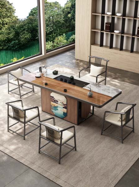 New Chinese Style Integrated Tea Brewing Table Set with 5 Matching Armchairs