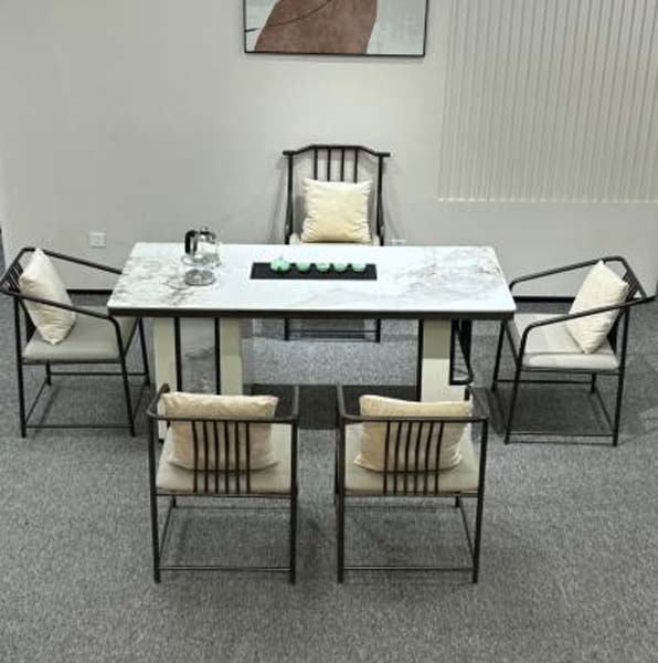 New Chinese Style Rectangular Stone-Top Tea Table Set with 5 Matching Upholstered Chairs