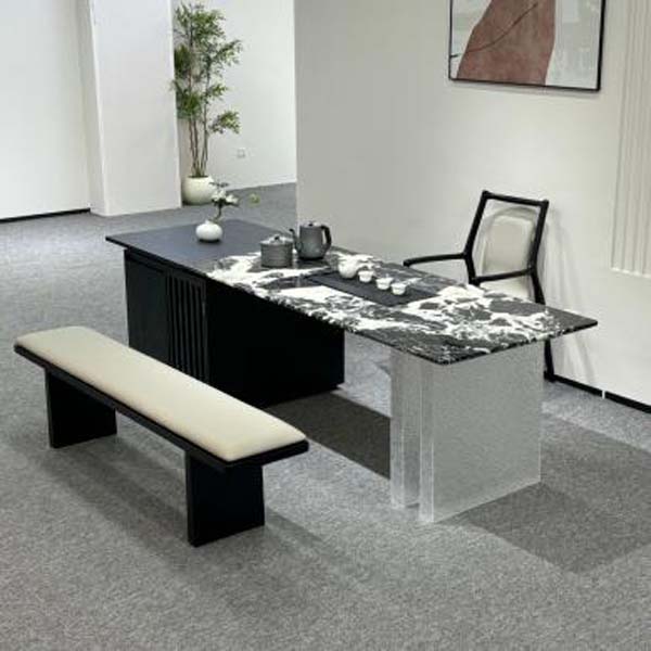 Asymmetrical Black Veined Stone Top Office Meeting Tea Table with Slatted Cabinet Base and Frosted Acrylic Support
