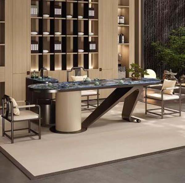 Luxury Blue Natural Stone Top Reception Tea Table with Attached Side Storage Cabinet