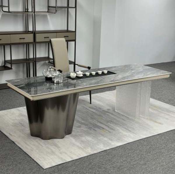 Contemporary Light Luxury Rectangular Kung Fu Tea Table with Asymmetrical Pedestal Bases