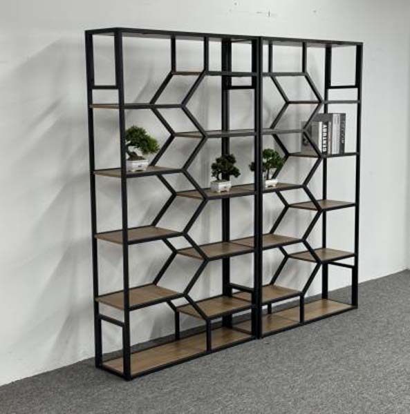 Industrial Double-Bay Hexagonal Grid Open Etagere Bookcase Room Divider