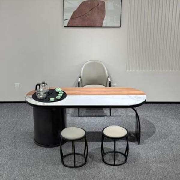 Modern Racetrack Oval Split Sintered Stone and Wood Tea Service Table
