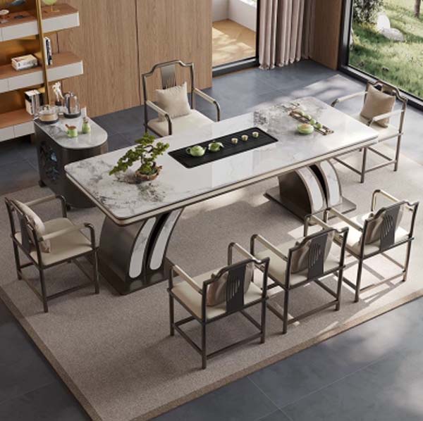 New Chinese Style Marble Top Tea Table Set with 6 Armchairs and Matching Side Tea Cabinet