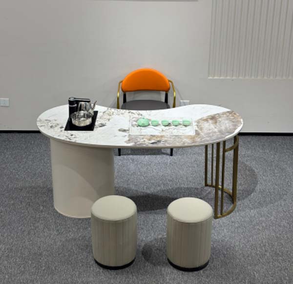 Curved Sintered Stone Tea Ceremony Desk with Integrated Induction Boiler, 3-Piece Seating Set