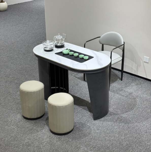 Compact Racetrack Sintered Stone Top Integrated Kung Fu Tea Table with Asymmetric Dark Pedestal Base