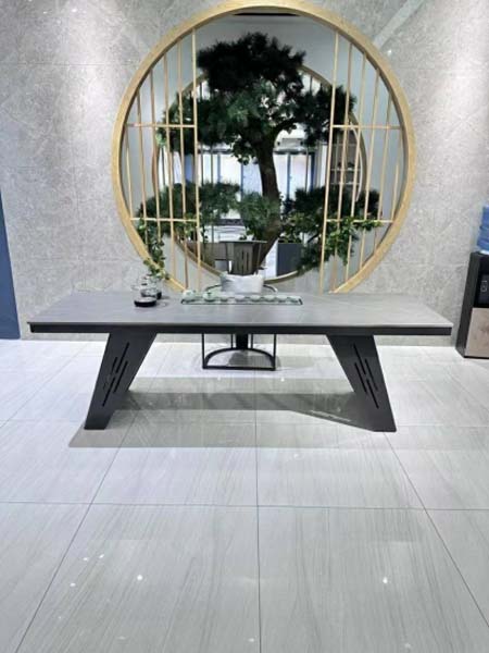 Modern Grey Slate Top Low Tea Table with Angled Slotted Black Metal Legs