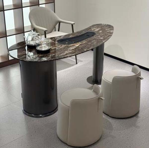 Curved Sintered Stone Top Integrated Tea Brewing Table with Dual Cylindrical Bases