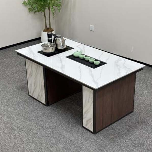 Modern Dual-Pedestal Integrated Kung Fu Tea Table with Embedded Auto-Fill Boiler and Tea Tray