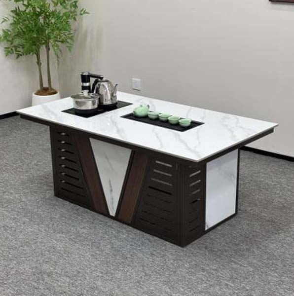 Integrated Electric Tea Brewing Reception Table with Sintered Stone Top and Storage Base