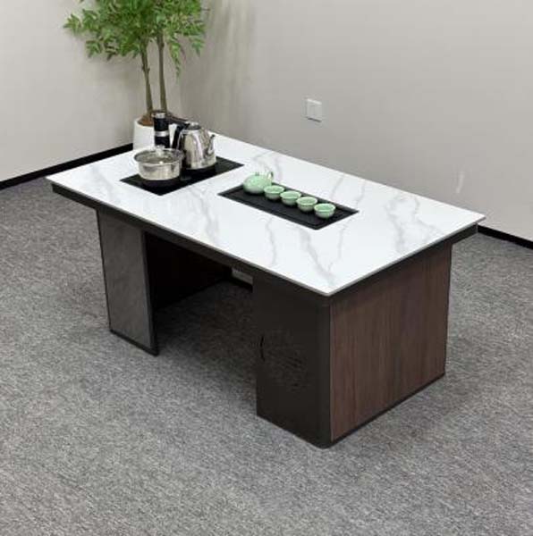 Modern White Veined Stone Top Office Tea Table With Integrated Brew Station
