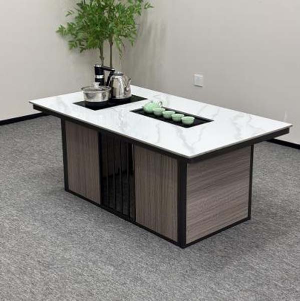 Integrated Tea Ceremony Coffee Table with Embedded Electric Kettle and Storage Base