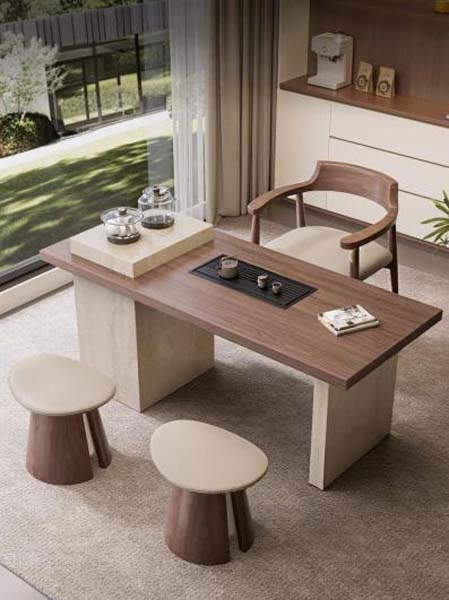 Modern Rectangular Walnut-Finish Kung Fu Tea Table with Integrated Drain Tray and Travertine-Texture Block Pedestals