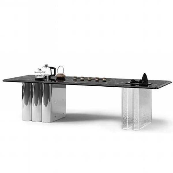 Contemporary Asymmetric Base Dark Stone Top Tea Serving Table