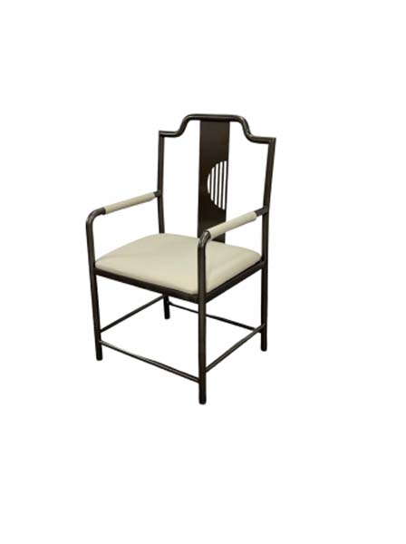New Chinese Style Dark Metal Frame Off-White Upholstered Dining Armchair