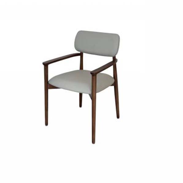 Mid-Century Modern Walnut-Finish Wood Frame Light Gray Upholstered Dining Armchair