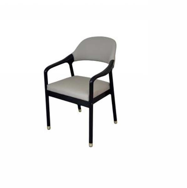 Light Grey Upholstered Dining Armchair with Black Frame and Brass Leg Ferrules