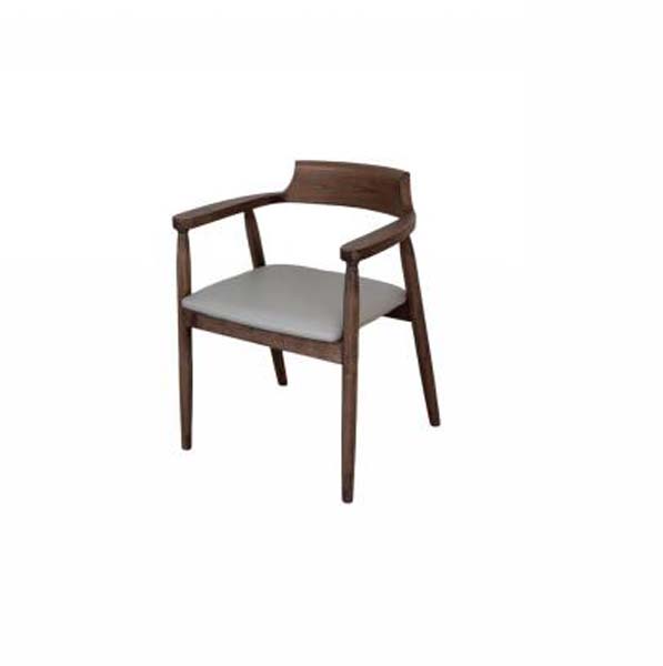 Mid-Century Dark Walnut Wood Dining Armchair with Grey Upholstered Seat