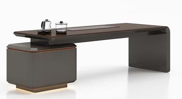 Two-Tone L-Shaped Executive Desk with Left Storage Pedestal and Ambient Base Lighting