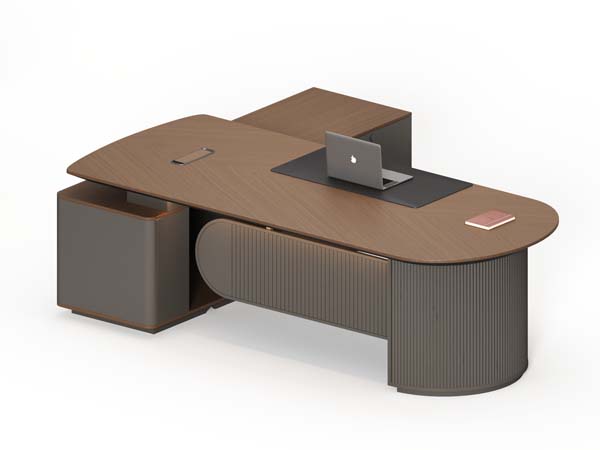 Curved L-Shaped Executive Office Desk with Fluted Panels and Integrated Storage