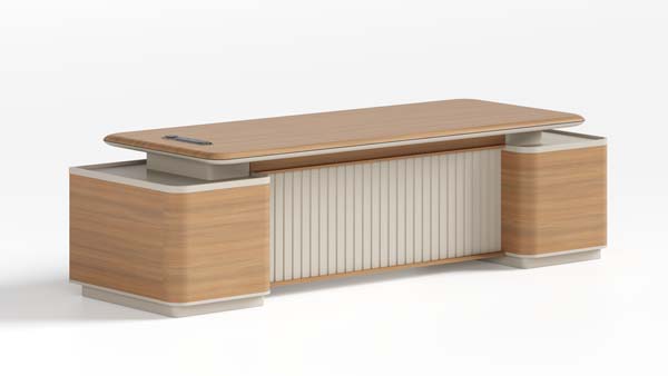 Modern Dual-Pedestal Light Oak Executive Desk with Fluted Center Panel and Cable Management
