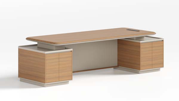 Double Pedestal Light Wood Executive Desk with Silver Trim