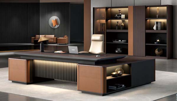 Luxury L-Shaped Executive Desk with LED Illuminated Ribbed Front and Side Open Storage