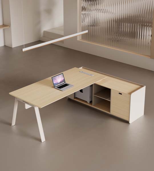 Two-Tone L-Shaped Executive Office Desk with Integrated Side Return Storage Cabinet