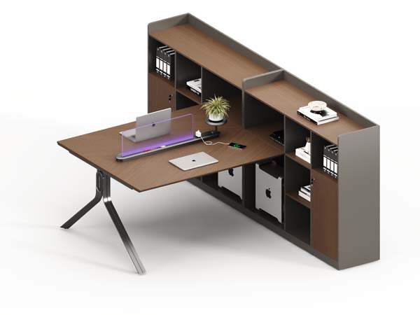 Walnut Gray L-Shaped Executive Office Desk with Integrated Side Storage Shelving