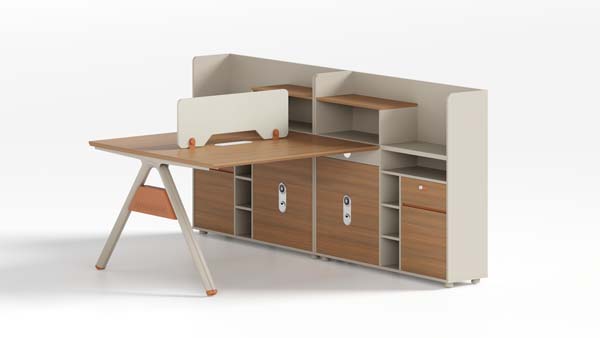 2-Person Office Workstation with Attached Storage Hutch and Desk Divider