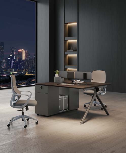 Two-Person Straight Office Workstation with Lockable Left Pedestal, CPU Bay and Desktop Privacy Dividers