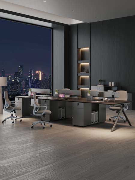 Linear 4-Person Dark Wood Modular Open-Plan Office Workstation Desk with Privacy Dividers and Storage Pedestals