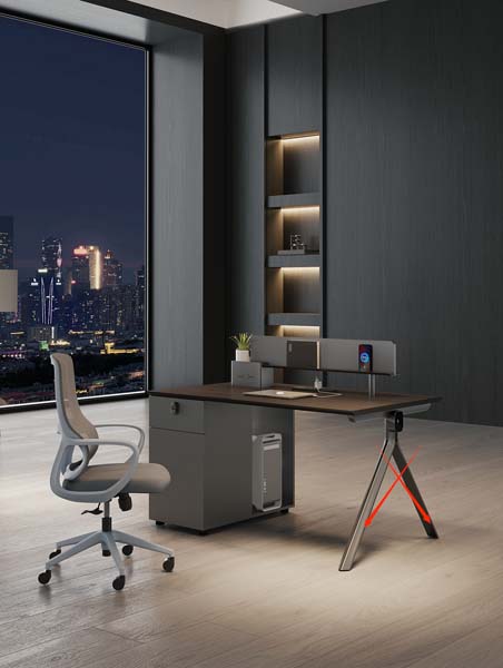 Dark Wood Fixed-Height Executive Office Desk with Left Storage Pedestal and X-Shaped Metal Legs