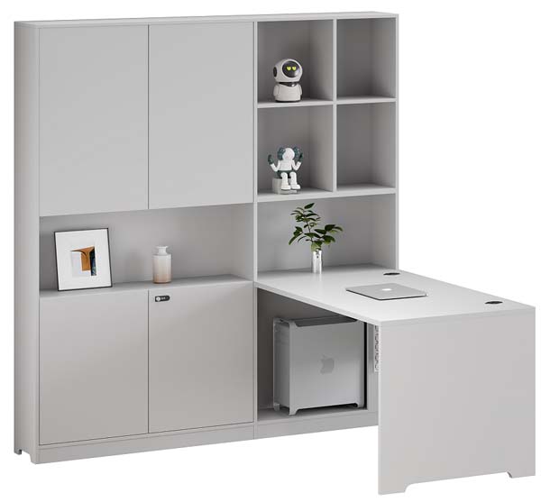 Light Gray L-Shaped Executive Desk with Integrated Storage Hutch