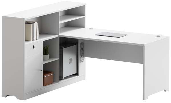 Light Gray L-Shaped Home Office Desk with Integrated Storage Hutch and CPU Compartment