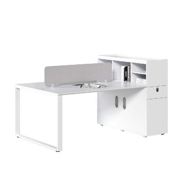 White L-Shaped Office Workstation Desk with Integrated Storage and Fabric Privacy Divider